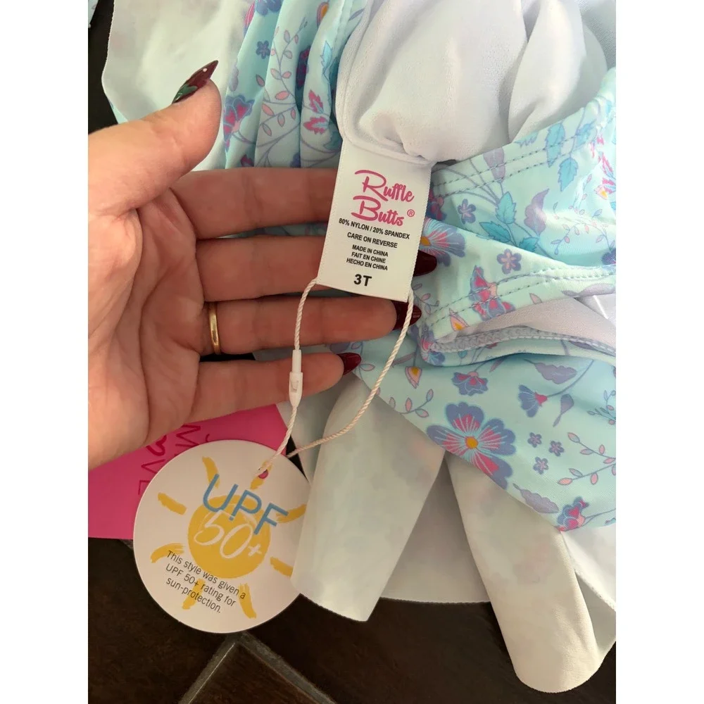 RuffleButts Girls Blue Floral Smocked One Piece Swimsuit UPF 50+ Size 3T NWT
